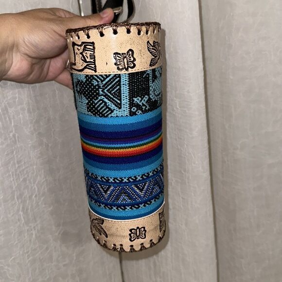 Peruvian Genuine Tooled Graphic Leather Stripe Mini Crossbody Bag - Picture 7 of 12